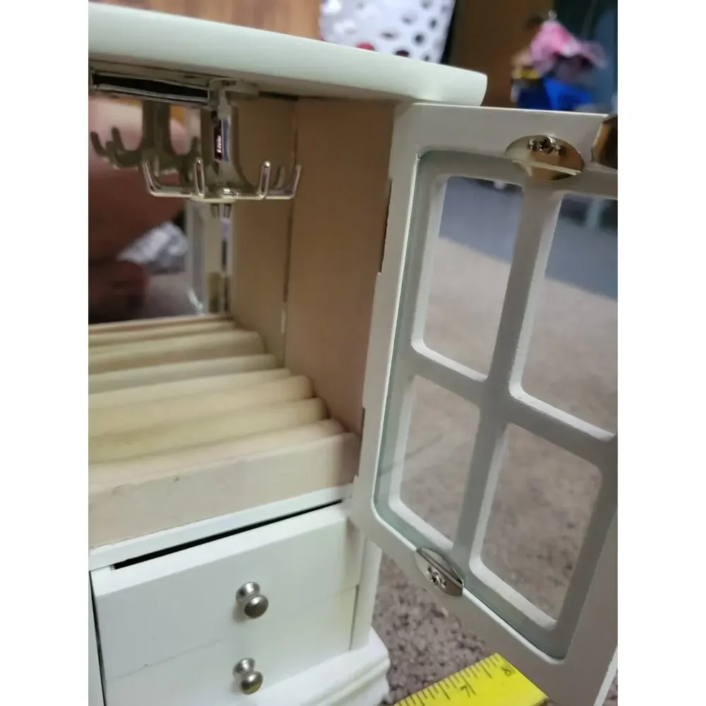 White Vintage-Style Jewelry Armoire with Glass Fold Out Door Drawers